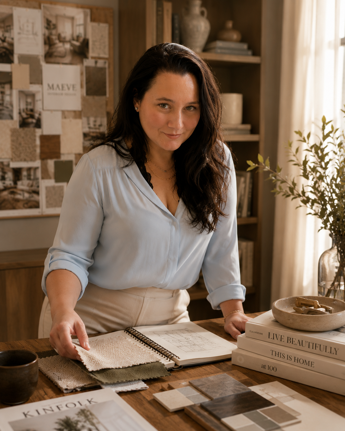 Caroline, founder of Maeve Interior Design, at her studio worktable with fabric swatches, a sketchbook, and a moodboard