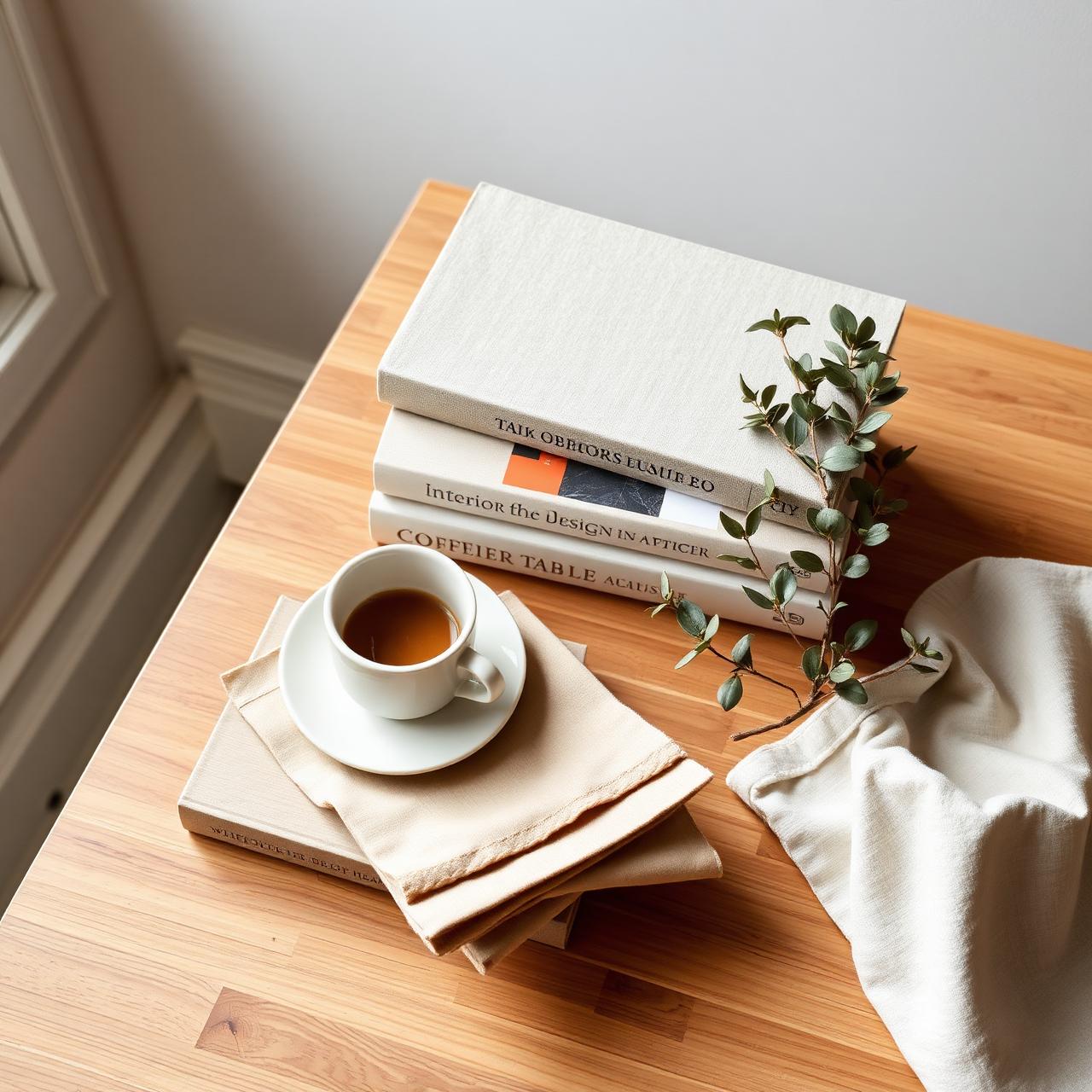 Design books, an espresso cup, and a sprig of eucalyptus on a warm oak table