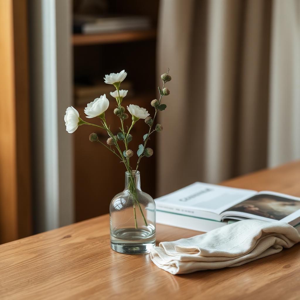 A small glass vase with white ranunculus beside a stack of design books on a warm oak table