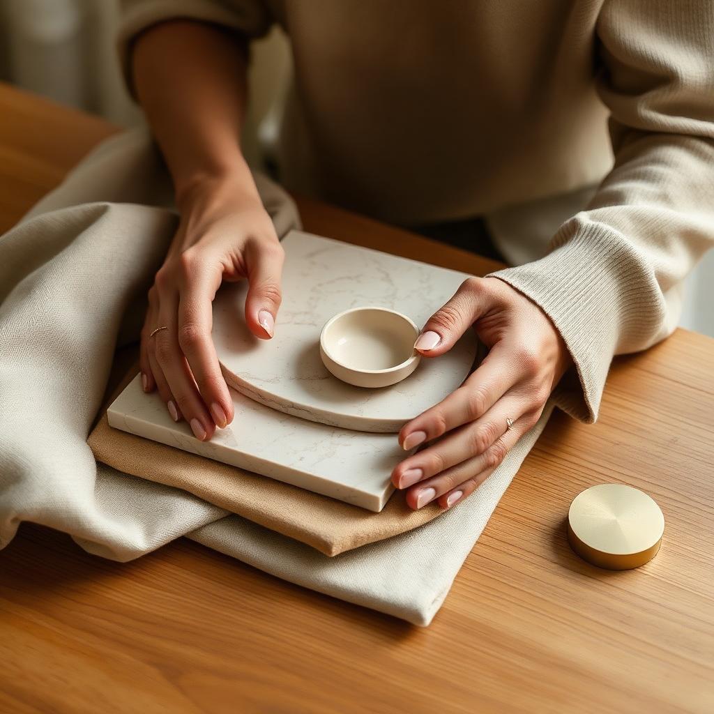 Hands gently arranging linen, travertine, ceramic, and brass samples on a warm oak table