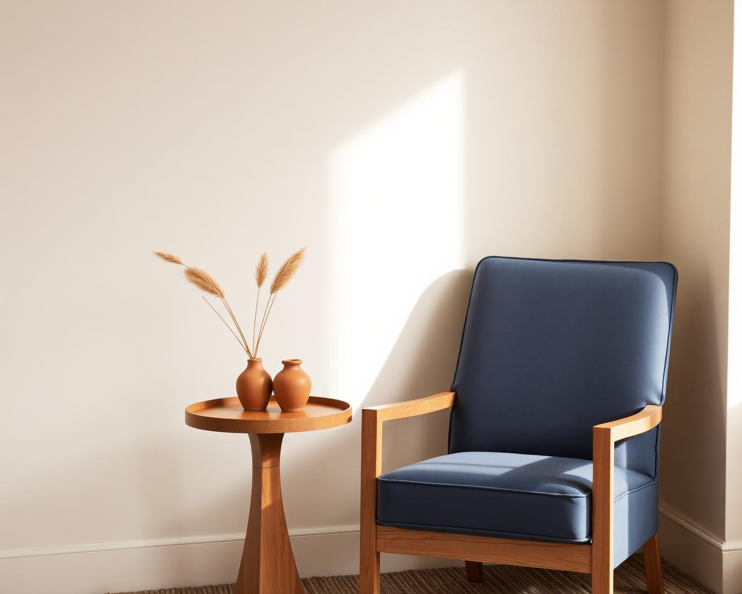 Muted blue and warm oak, side by side