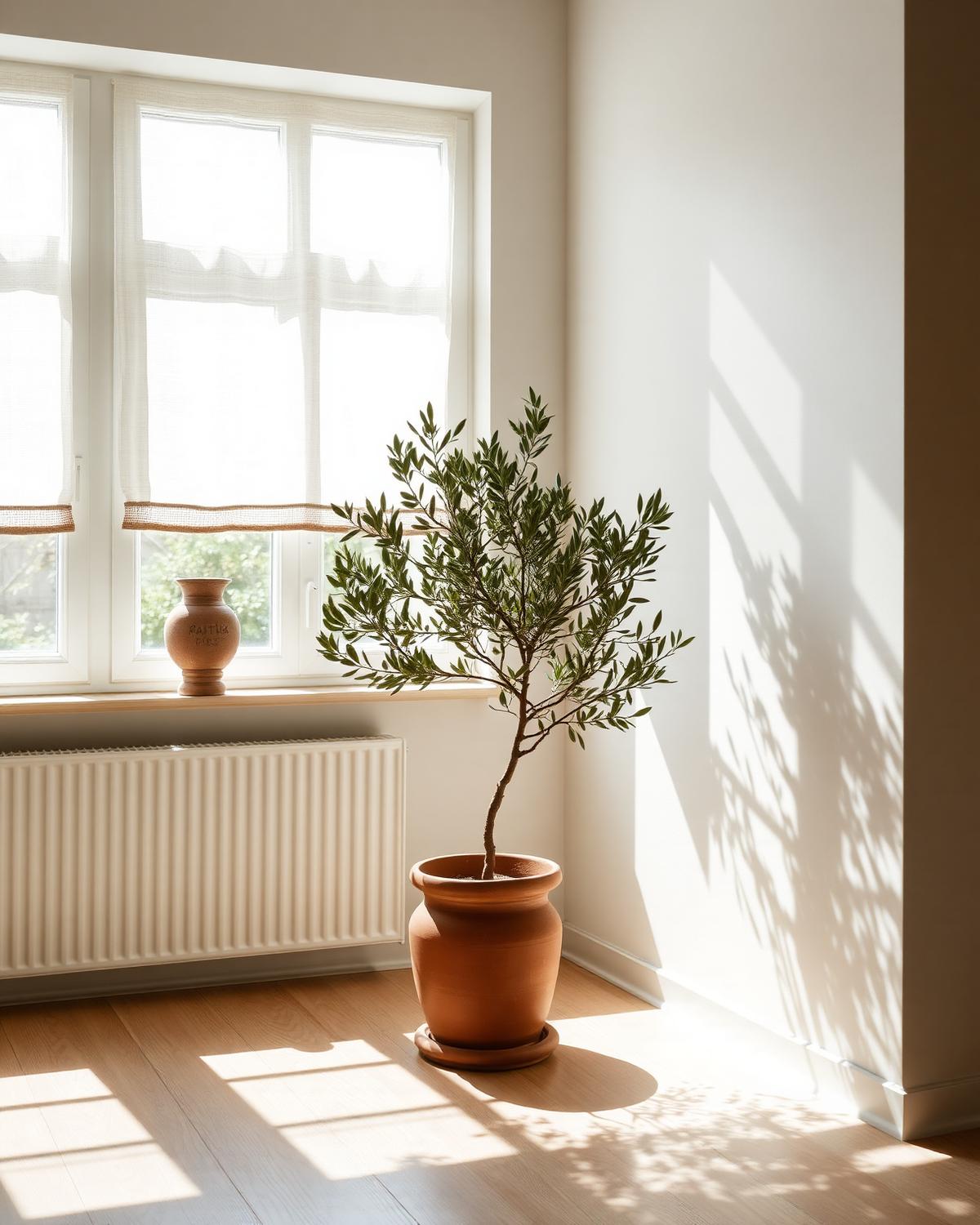 Morning light, olive leaves, terracotta