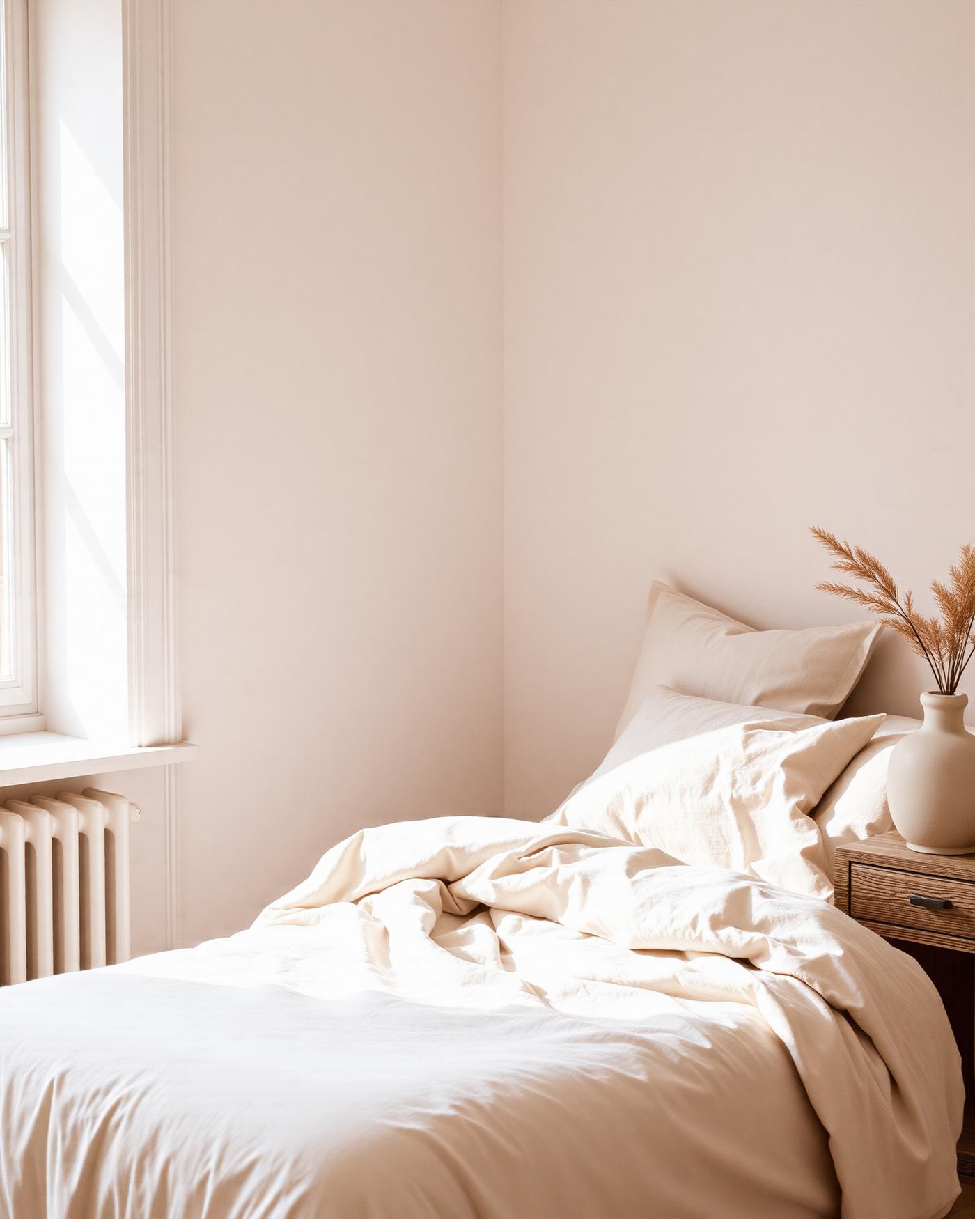 Warm, sunlit bedroom with linen bedding