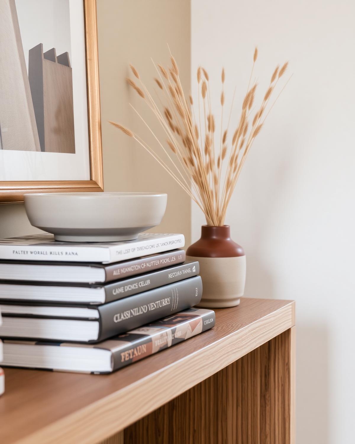 Styled console with design books, ceramics, and dried grasses