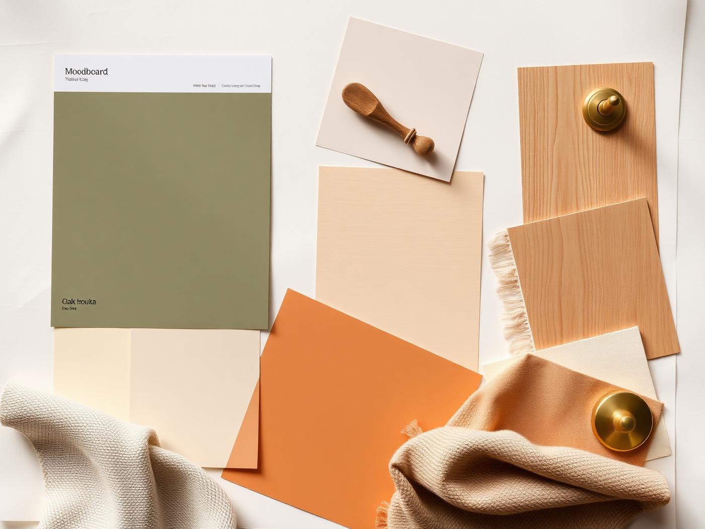 Warm neutral moodboard with paint chips, oak, and linen swatches