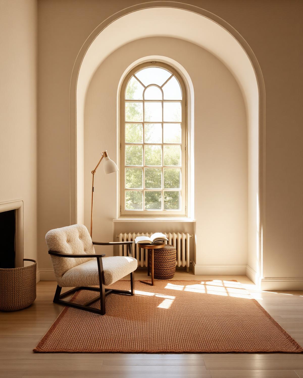 Finished reading nook with boucle chair beside an arched window