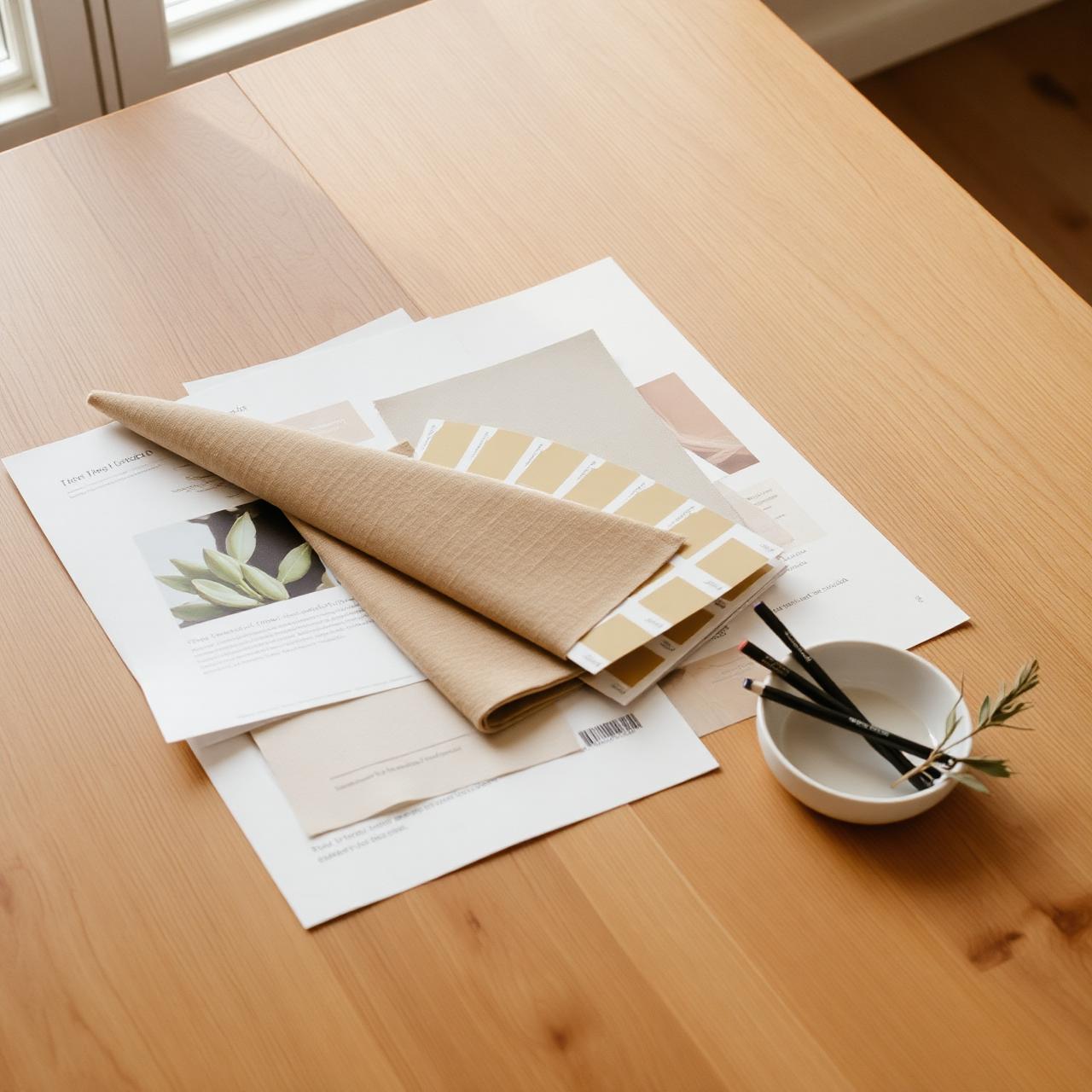 A design presentation with fabric swatches, paint chips, and pencils on a warm oak table