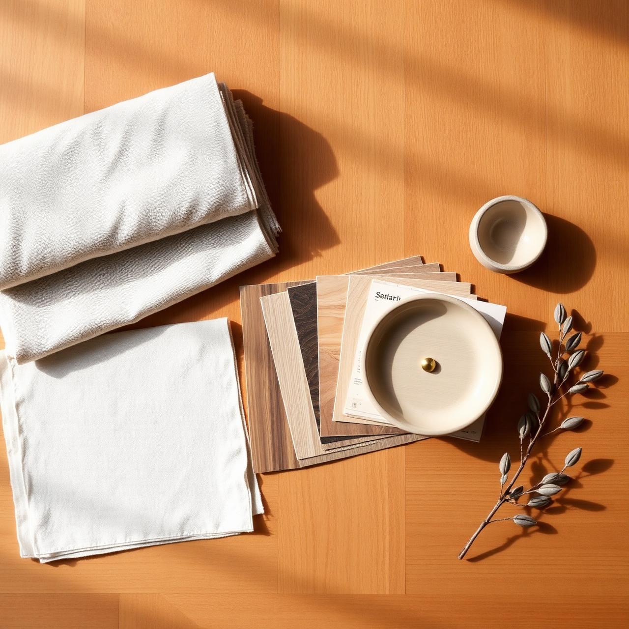 Fabric swatches, wood samples, and ceramics arranged on a warm oak table