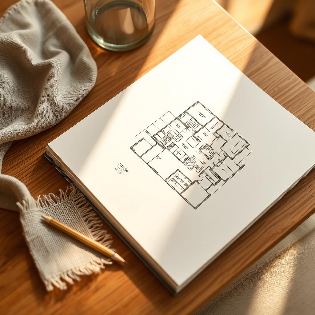 Open sketchbook with a hand-drawn floorplan, linen swatch and brass pencil on a warm oak table
