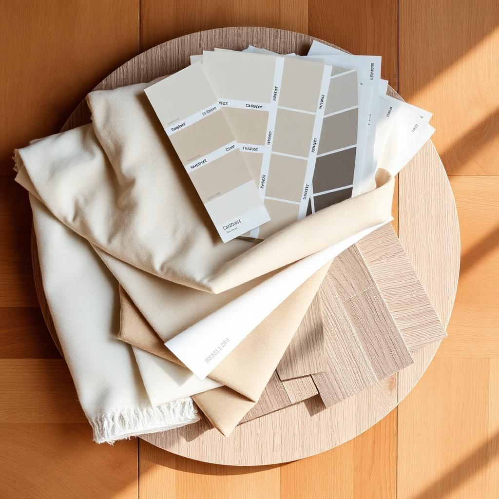 Layered fabric swatches, paint chips and wood samples arranged on a warm oak surface