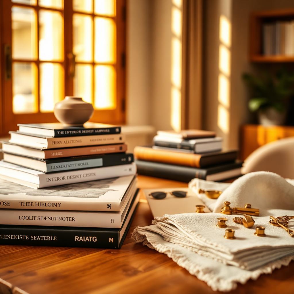 Stack of interior design books, ceramic vessel and brass hardware in soft window light