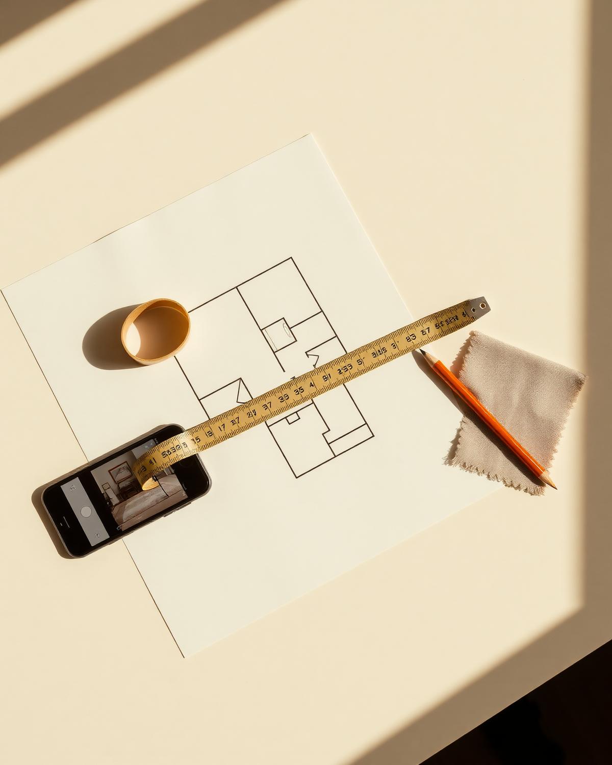 Floor plan sketch with measuring tape and a phone showing a room photo
