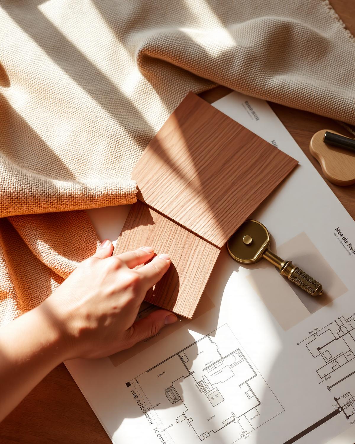 Designer arranging oak, linen, and brass samples over a floor plan