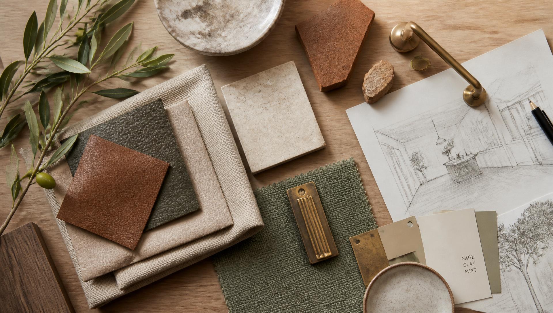 Material samples, sketches, and hardware laid out on a walnut table