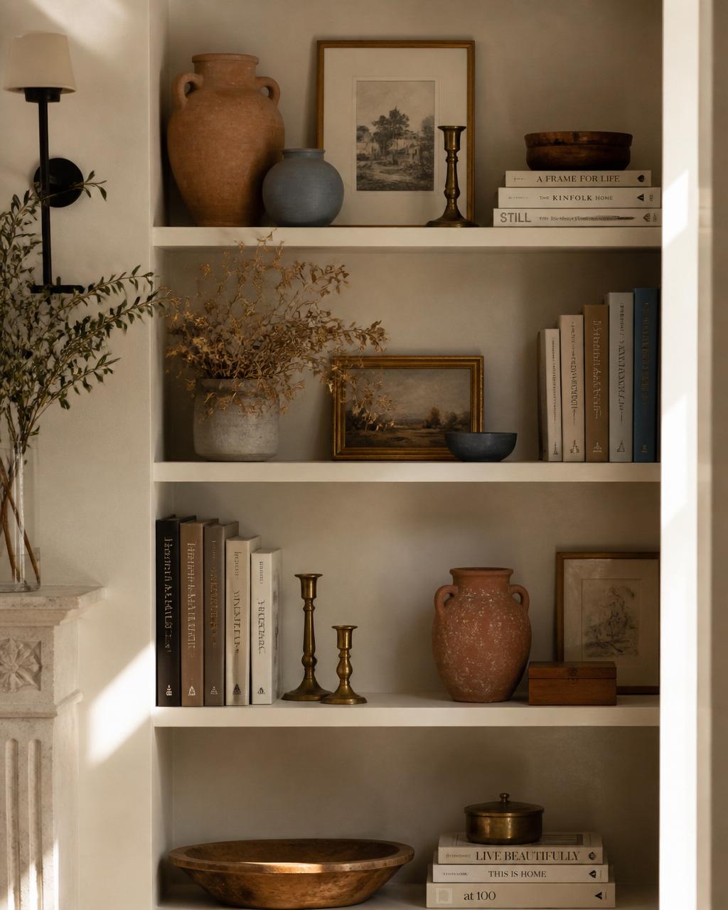 A styled shelf of books, bronze, terracotta, and gathered branches in evening light